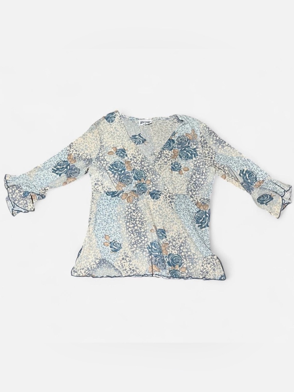 Vintage Mind Games by Ike & Eddie, Blue and Cream floral blouse, ruffled sleeve